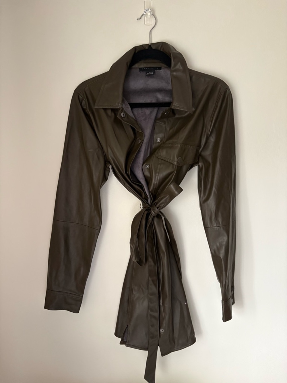 Sanctuary Olive Brown Faux Leather Tie-Waist Jacket